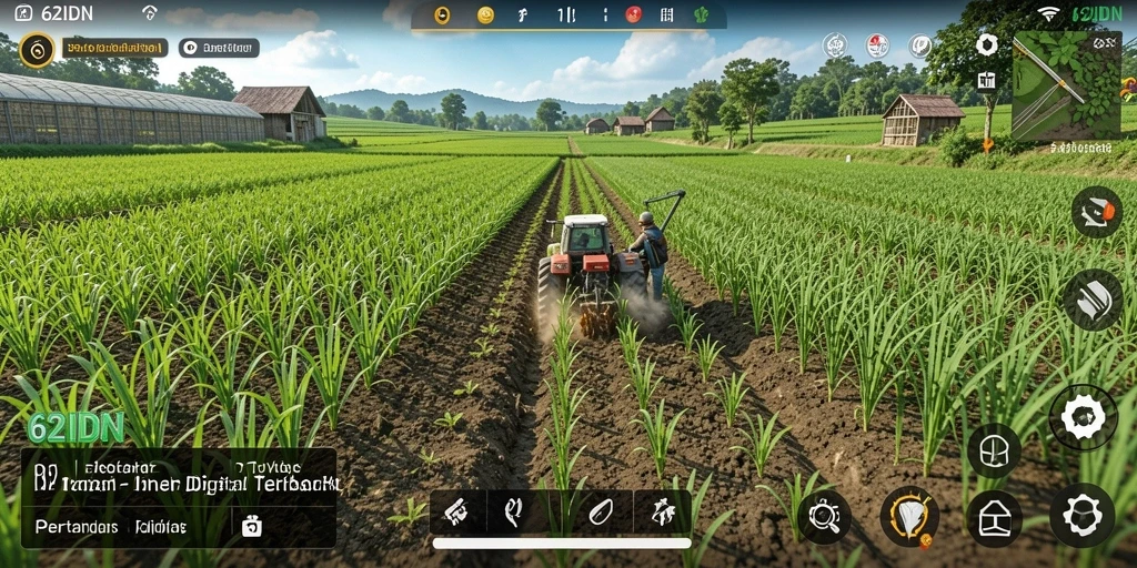 Tangkapan layar dari gameplay 62IDN menampilkan ladang yang subur dan aktif.
