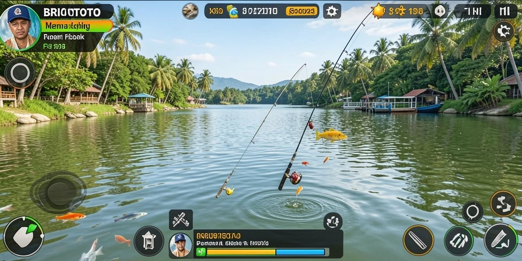 Tampilan gameplay BRIOTOTO dengan suasana memancing yang menenangkan.