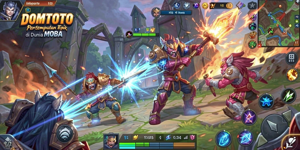 Tangkapan layar <strong>DOMTOTO</strong> menampilkan aksi seru dalam pertempuran MOBA.