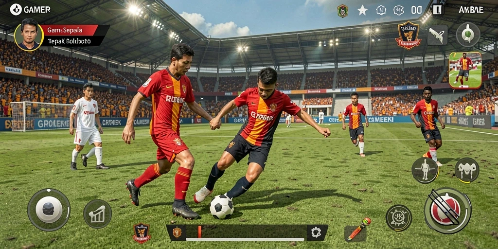 Screenshot GAMERP yang memperlihatkan aksi pertandingan sepak bola seru.