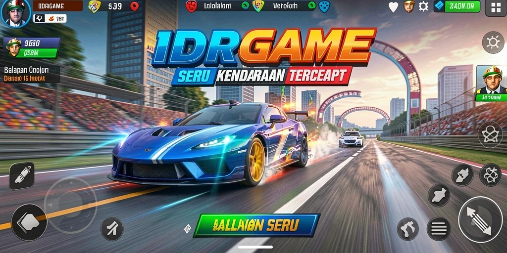 Screenshot utama gameplay IDRGAME yang menampilkan balapan seru.