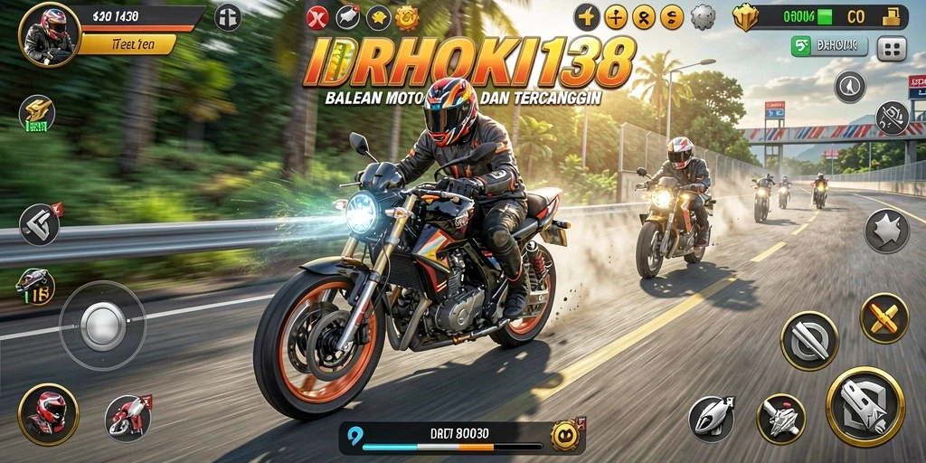 Tampilan gameplay menegangkan dari IDRHOKI138 saat balapan motor di sirkuit.