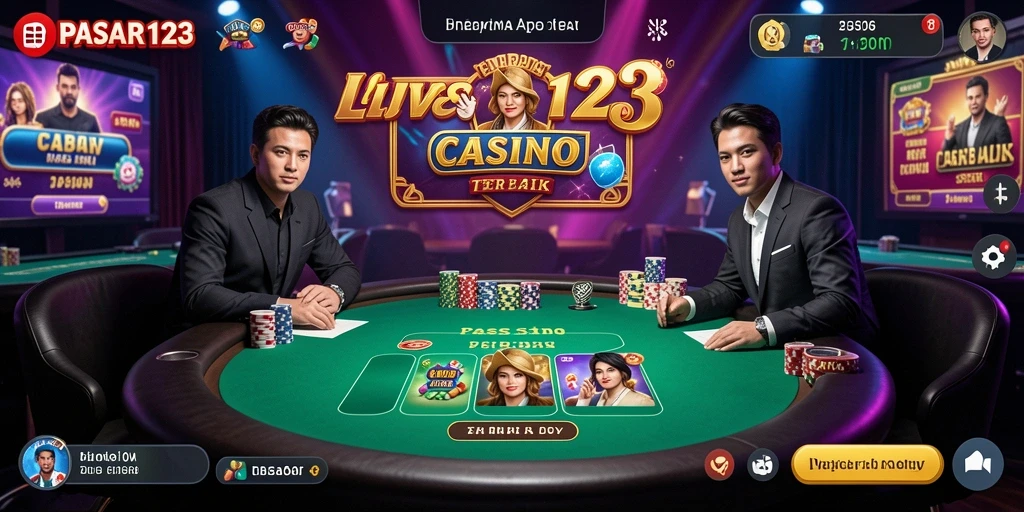 Screenshot utama PASAR123 menampilkan dealer profesional dalam aksi di meja Live Casino.