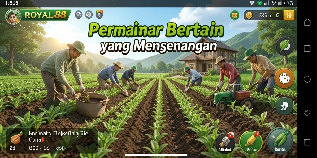 Tampilan gameplay ROYAL88 dengan ladang yang subur dan tanaman yang sehat.