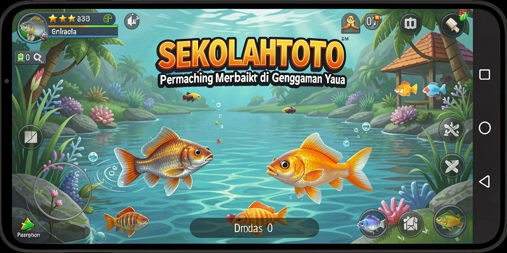 Screenshot gameplay SEKOLAHTOTO menampilkan pengalaman memancing yang seru.