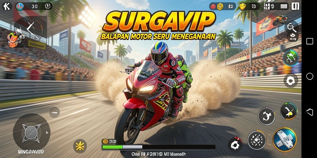 Tampilan gameplay SURGAVIP yang seru dan menegangkan saat balapan motor.