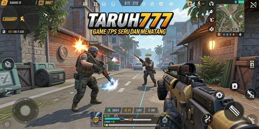 Tampilan gameplay TARUH777 memperlihatkan aksi menegangkan dalam pertempuran TPS.